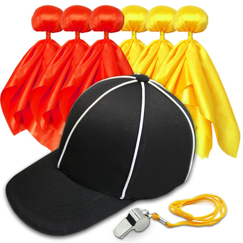 YHFUISK 8 Pcs Challenge Flag Referee Hat Set,Tossing Flags Sports Fan Set Penalty Flag Party Accessory (3 Yellow and 3 Red),Official Football Hat and Stainless Steel Whistle,Referee Costume Cap set1 - Image 1